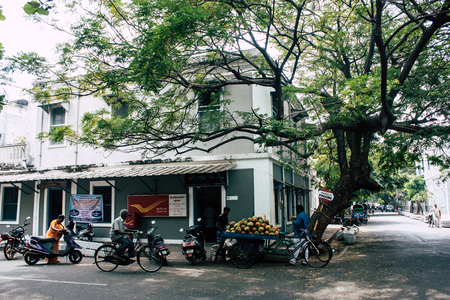 Pondicherry Tamil Nadu India January 21, 2019 View of the architecture of the streets of White Town district in the french colonial city of Pondicherry in the morningのeditorial素材
