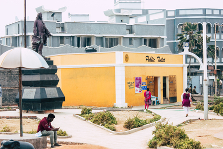 Pondicherry Tamil Nadu India January 21, 2019 View of the architecture of the streets of White Town district in the french colonial city of Pondicherry in the morningのeditorial素材