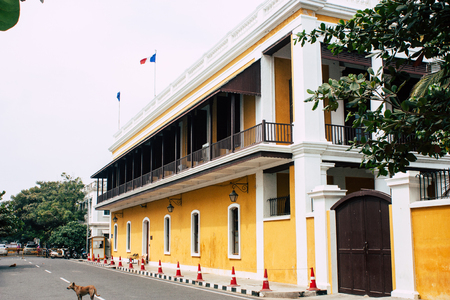 Pondicherry Tamil Nadu India January 21, 2019 View of the architecture of the streets of White Town district in the french colonial city of Pondicherry in the morningのeditorial素材