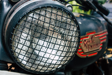 Pondicherry Tamil Nadu India January 21, 2019 View of a Royal Enfield motorcycle parked in the streets of White Town district in the french colonial city of Pondicherry in the morningのeditorial素材