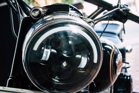 Fort Cochin Kerala India December 30, 2018 View of a Royal Enfield motorcycle parked in the streets of Fort Cochin in the morningのeditorial素材