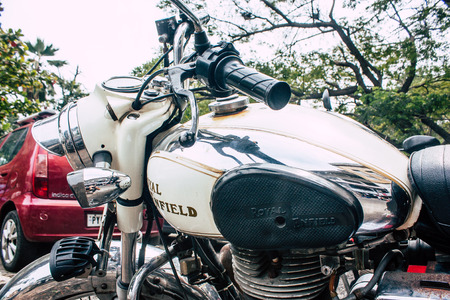 Pondicherry Tamil Nadu India January 21, 2019 View of a Royal Enfield motorcycle parked in the streets of White Town district in the french colonial city of Pondicherry in the morningのeditorial素材
