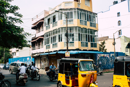 Pondicherry Tamil Nadu India January 21, 2019 View of the architecture of the streets of White Town...