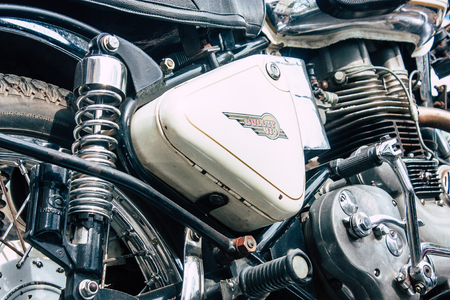 Pondicherry Tamil Nadu India January 21, 2019 View of a Royal Enfield motorcycle parked in the streets of White Town district in the french colonial city of Pondicherry in the morningのeditorial素材