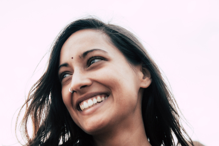 Hampi Karnataka India December 21, 2018 Portrait of Reachel Singh, Dutch professional singer taking inspiration in the nature at Hampi in southern Indiaのeditorial素材