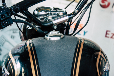 Fort Cochin Kerala India December 30, 2018 View of a Royal Enfield motorcycle parked in the streets of Fort Cochin in the morningのeditorial素材