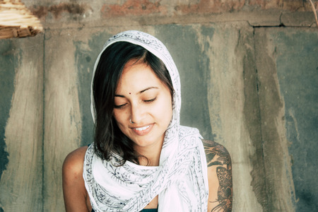 Hampi Karnataka India December 21, 2018 Portrait of Reachel Singh, Dutch professional singer taking inspiration in the nature at Hampi in southern Indiaのeditorial素材