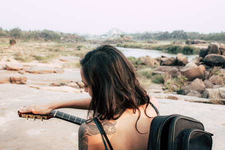 Hampi Karnataka India December 21, 2018 Portrait of Reachel Singh, Dutch professional singer taking inspiration in the nature at Hampi in southern Indiaのeditorial素材