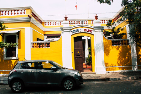 Pondicherry Tamil Nadu India January 21, 2019 View of the architecture of the streets of White Town district in the french colonial city of Pondicherry in the morningのeditorial素材