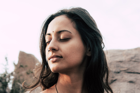Hampi Karnataka India December 21, 2018 Portrait of Reachel Singh, Dutch professional singer taking inspiration in the nature at Hampi in southern Indiaのeditorial素材