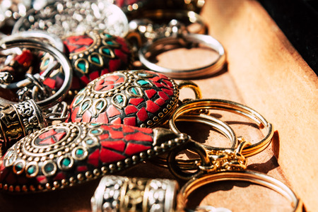 Gokarna India December 9, 2018 Closeup of decorative objects sold in a souvenirs shop in main road of Gokarna in the morningのeditorial素材