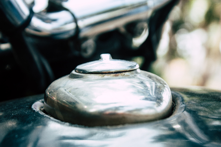 Hampi Karnataka India December 19, 2018 View of a Royal Enfield motorcycle parked in the streets of Hampi in the morningのeditorial素材