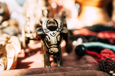 Gokarna India December 9, 2018 Closeup of decorative objects sold in a souvenirs shop in main road of Gokarna in the morningのeditorial素材