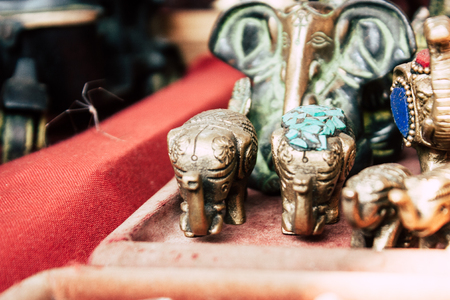 Gokarna India December 9, 2018 Closeup of decorative objects sold in a souvenirs shop in main road of Gokarna in the morningのeditorial素材