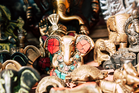 Gokarna India December 9, 2018 Closeup of decorative objects sold in a souvenirs shop in main road of Gokarna in the morningのeditorial素材