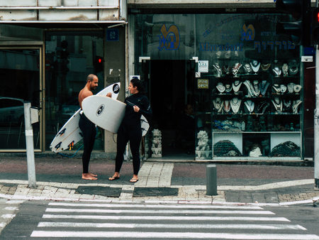 Tel Aviv Israel December 12, 2018 View of unknowns Israeli people walking in the streets of Tel Aviv...