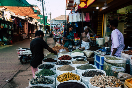 Gokarna Karnataka India February 12, 2019 Closeup of different kind of traditional Indian spices sold in a shop located in main road of Gokarna town in the afternoonのeditorial素材