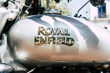 Mumbai India March 1, 2019 Closeup of a classic Royal Enfield motorcycle parked in the streets of Mumbai in the afternoonのeditorial素材