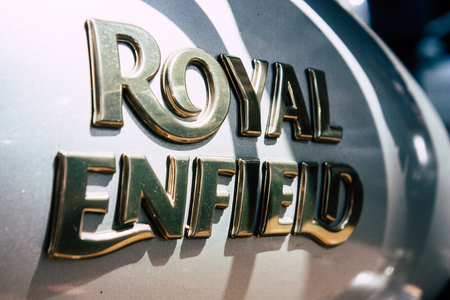 Mumbai India March 1, 2019 Closeup of a classic Royal Enfield motorcycle parked in the streets of Mumbai in the afternoonのeditorial素材