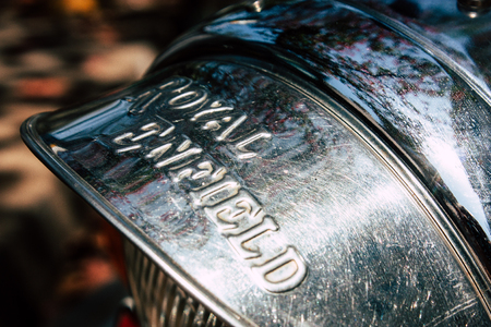 Mumbai India March 1, 2019 Closeup of a classic Royal Enfield motorcycle parked in the streets of Mumbai in the afternoonのeditorial素材