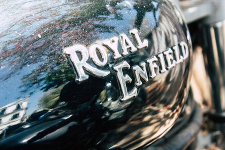Mumbai India March 1, 2019 Closeup of a classic Royal Enfield motorcycle parked in the streets of Mumbai in the afternoonのeditorial素材