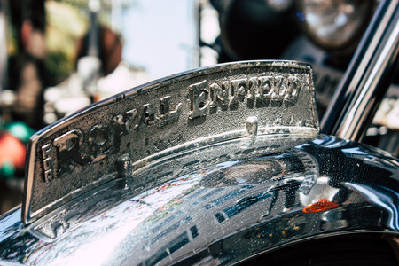 Mumbai India March 1, 2019 Closeup of a classic Royal Enfield motorcycle parked in the streets of Mumbai in the afternoonのeditorial素材
