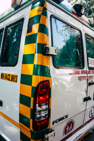 Mumbai India March 1, 2019 Closeup of a Indian ambulance parked front the gateway of India in Mumbai in the afternoonのeditorial素材