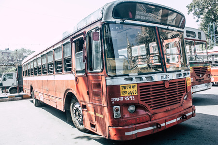 Mumbai India March 2, 2019 View of a traditional local bus rolling in the streets of Mumbai in the morningのeditorial素材