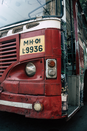 Mumbai India March 2, 2019 View of a traditional local bus rolling in the streets of Mumbai in the morningのeditorial素材