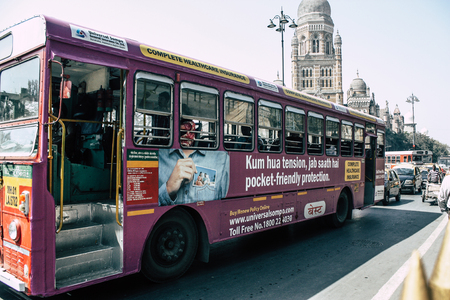 Mumbai India March 2, 2019 View of a traditional local bus rolling in the streets of Mumbai in the morningのeditorial素材