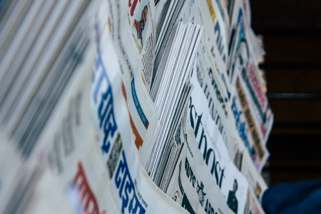 Mumbai India March 2, 2019 Closeup of traditional newspapers sold in the streets of Mumbai in the morningのeditorial素材