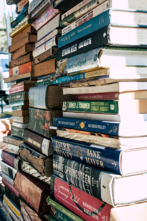 Mumbai India March 3, 2019 Closeup of various second hand books sold in the streets of Mumbai in the afternoonのeditorial素材