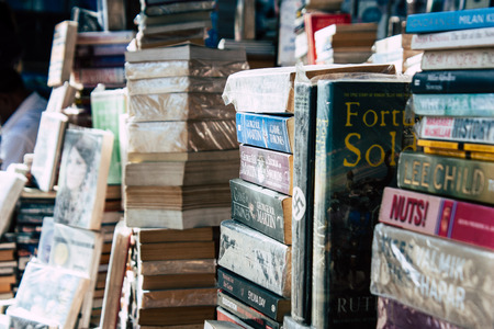 Mumbai India March 3, 2019 Closeup of various second hand books sold in the streets of Mumbai in the afternoonのeditorial素材