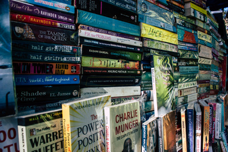 Mumbai India March 3, 2019 Closeup of various second hand books sold in the streets of Mumbai in the afternoonのeditorial素材