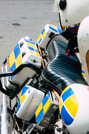 Mumbai India March 3, 2019 View of a Royal Enfield police motorcycle parked in the streets of Mumbai in the morningのeditorial素材