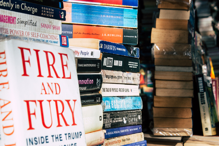 Mumbai India March 3, 2019 Closeup of various second hand books sold in the streets of Mumbai in the afternoonのeditorial素材