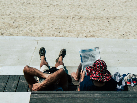 Tel Aviv Israel March 26, 2019 View of unknown Israeli people having fun on the beach of Tel Aviv in...