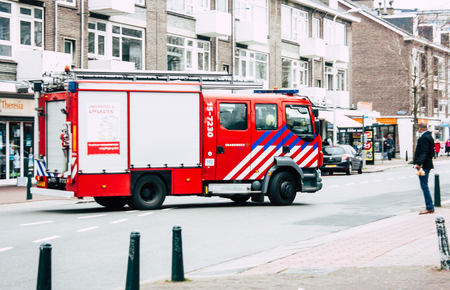 Rotterdam Netherlands April 1, 2019 View of a fire engine rolling in the streets of Rotterdam in the...
