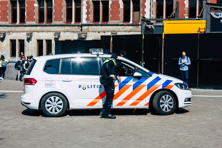 Amsterdam Netherlands April 8, 2019 View of a Dutch police car parked in the streets of Amsterdam in...