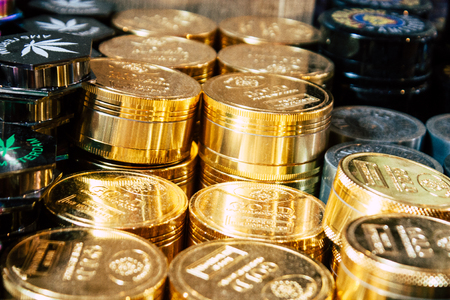 Amsterdam Netherlands April 10, 2019 Closeup of decoratives objects about cannabis sold in a...