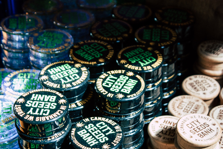 Amsterdam Netherlands April 10, 2019 Closeup of decoratives objects about cannabis sold in a traditional souvenirs shop at the Red Light district of Amsterdam in the morningのeditorial素材