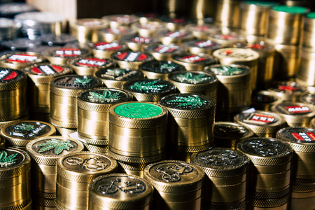 Amsterdam Netherlands April 10, 2019 Closeup of decoratives objects about cannabis sold in a traditional souvenirs shop at the Red Light district of Amsterdam in the morningのeditorial素材