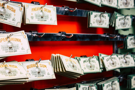 Amsterdam Netherlands April 10, 2019 Closeup of decoratives objects about cannabis sold in a...