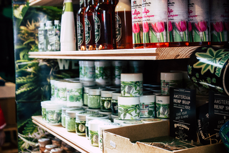 Amsterdam Netherlands April 10, 2019 Closeup of decoratives objects about cannabis sold in a traditional souvenirs shop at the Red Light district of Amsterdam in the morningのeditorial素材