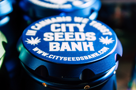 Amsterdam Netherlands April 10, 2019 Closeup of decoratives objects about cannabis sold in a traditional souvenirs shop at the Red Light district of Amsterdam in the morningのeditorial素材