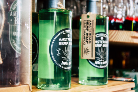 Amsterdam Netherlands April 10, 2019 Closeup of decoratives objects about cannabis sold in a traditional souvenirs shop at the Red Light district of Amsterdam in the morningのeditorial素材