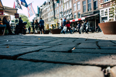 Amsterdam Netherlands April 10, 2019 View of the streets of Amsterdam from the ground in the old...