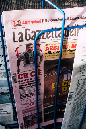 Amsterdam Netherlands April 10, 2019 Closeup of traditional newspapers sold in the streets of Amsterdam in the morningのeditorial素材