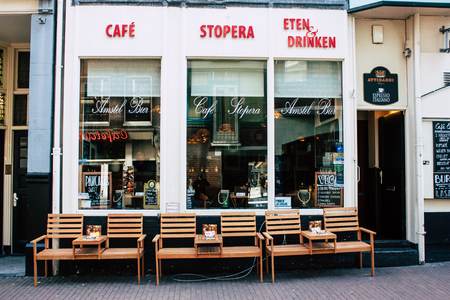 Amsterdam Netherlands April 10, 2019 View of a store located in Nieuwe Hoogstraat street in Amsterdam in the eveningのeditorial素材