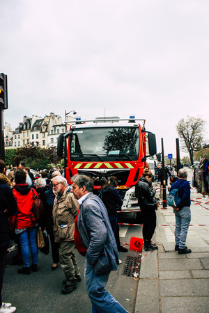 Paris France April 16, 2019 View of a fire truck parked near the Notre Dame cathedral in Paris the...